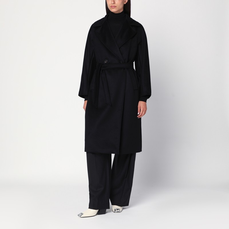 Black double-breasted coat with belt