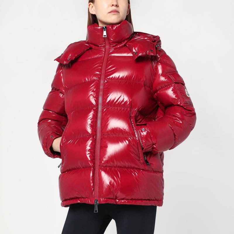 Ruby red down jacket in lacquered nylon