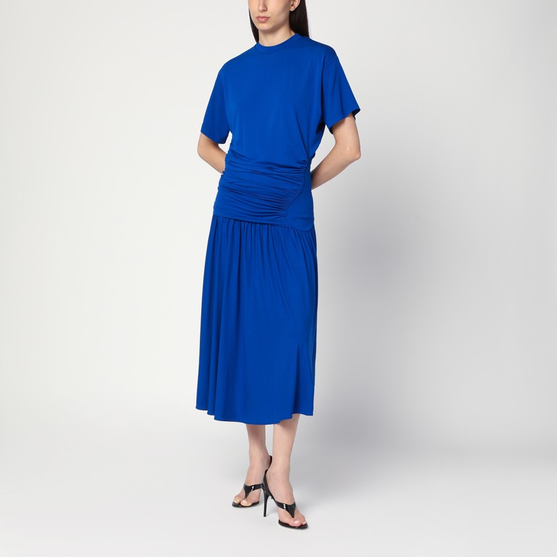 Long blue dress with draping