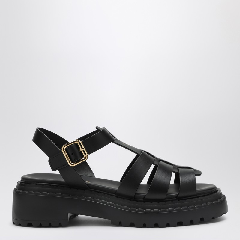 Black leather sandal with logo