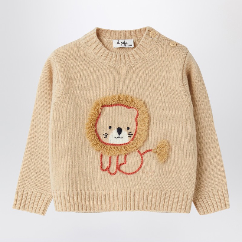 Beige wool pullover with lion embroidery