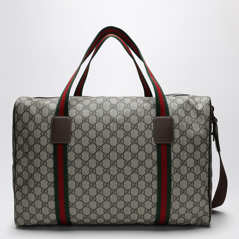 Medium duffle bag with Web detail in beige and ebony GG fabric