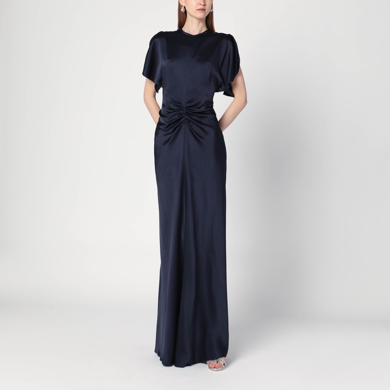 Navy blue long dress with gathered waist