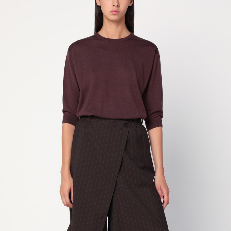 Short-sleeved sweater in espresso brown wool