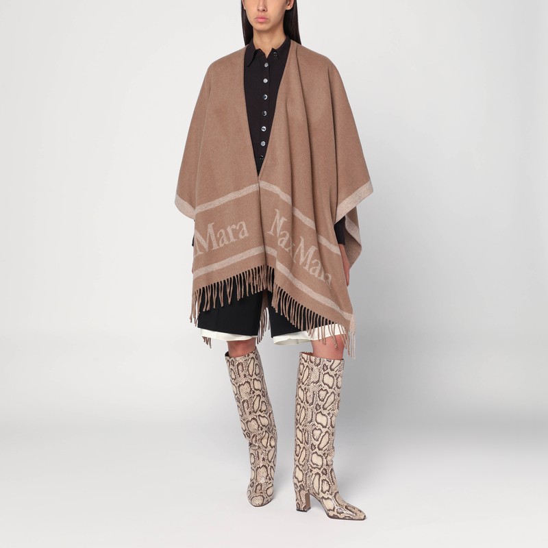 Camel color jacquard wool poncho