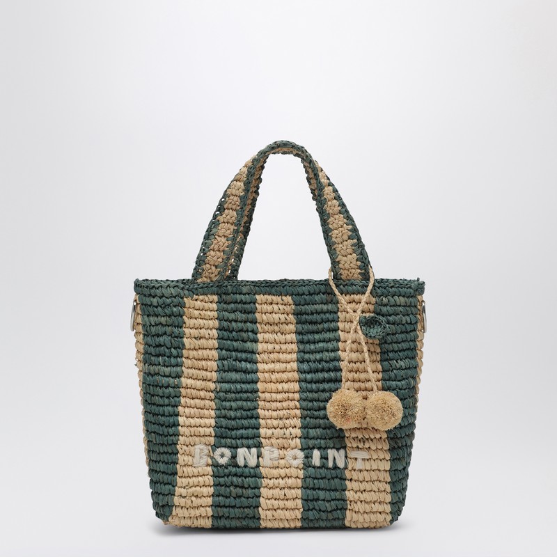 Beige/green striped bag in raffia