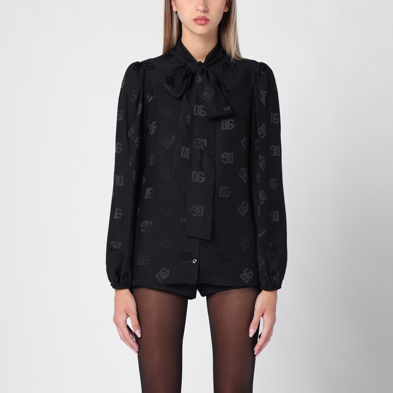 Black jacquard silk satin shirt with logo