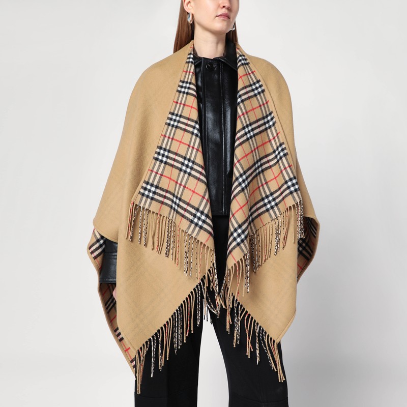 Beige wool cape with Check pattern