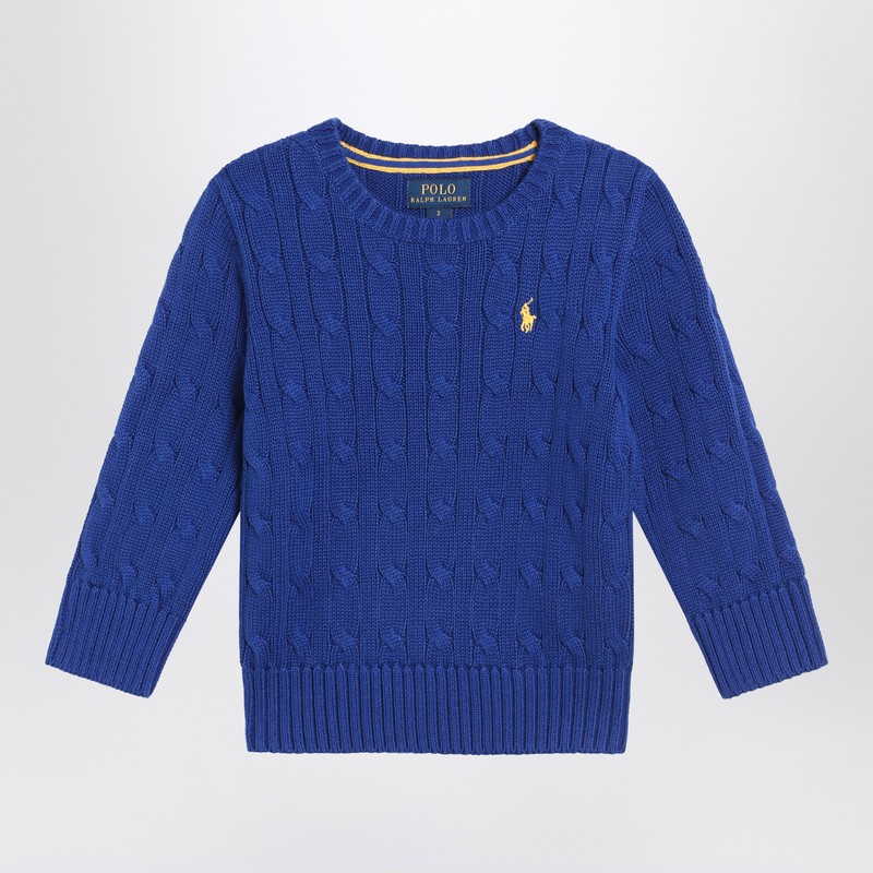 Bright blue cable-knit crewneck sweater