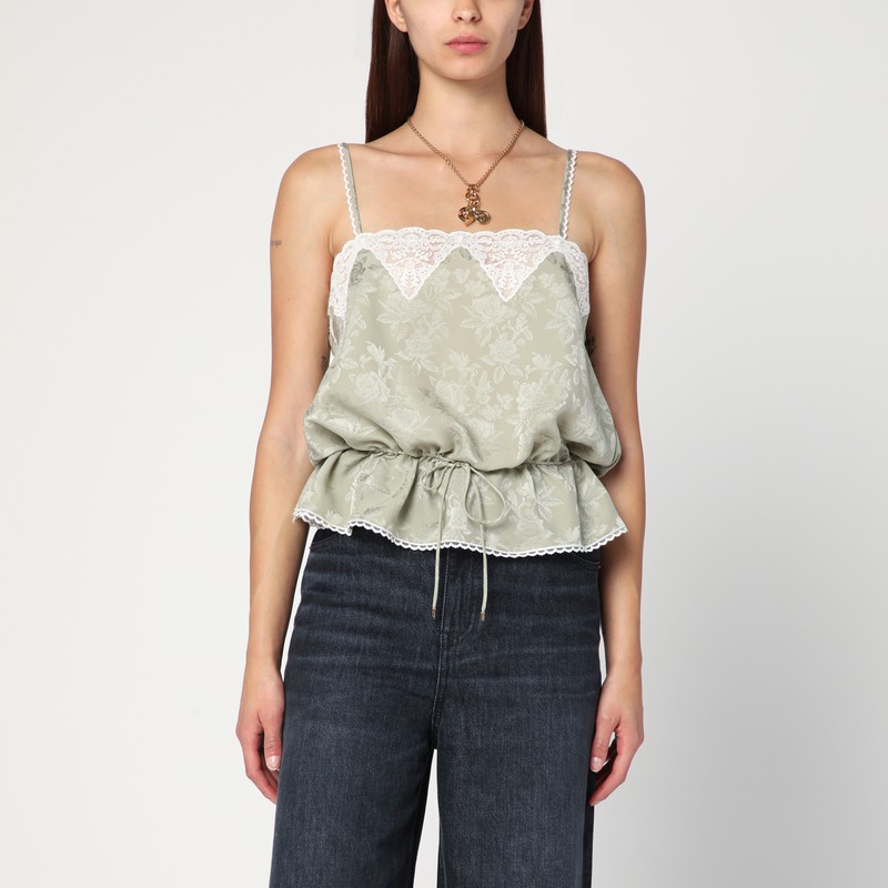 Light green silk jacquard top with roses