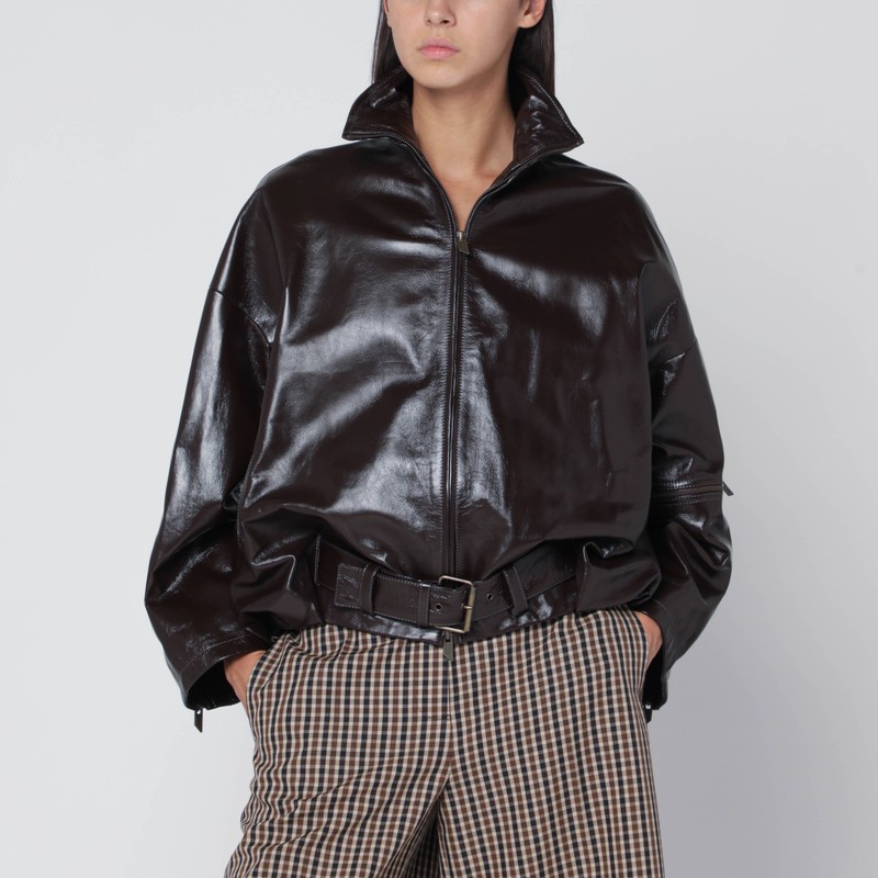 Brown shiny leather bomber motorcycle head