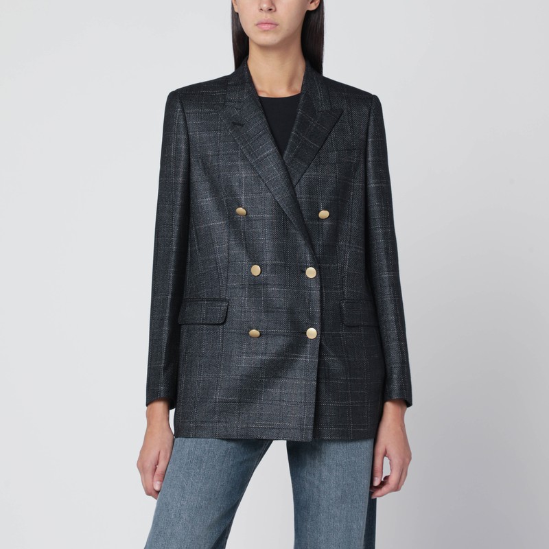 Black double-breasted checked wool blazer