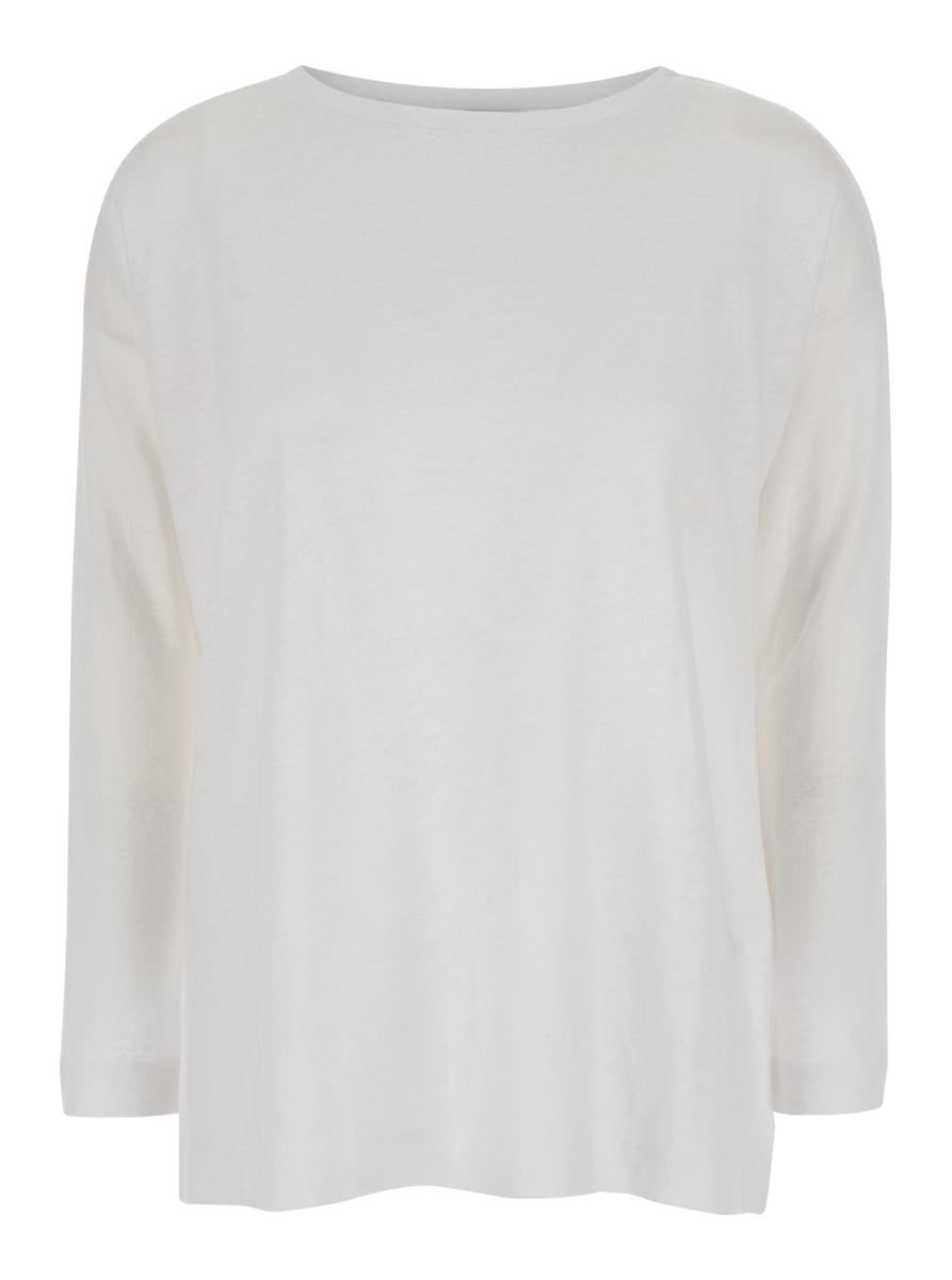 White Shirt With Boart Neckline In Linen Woman