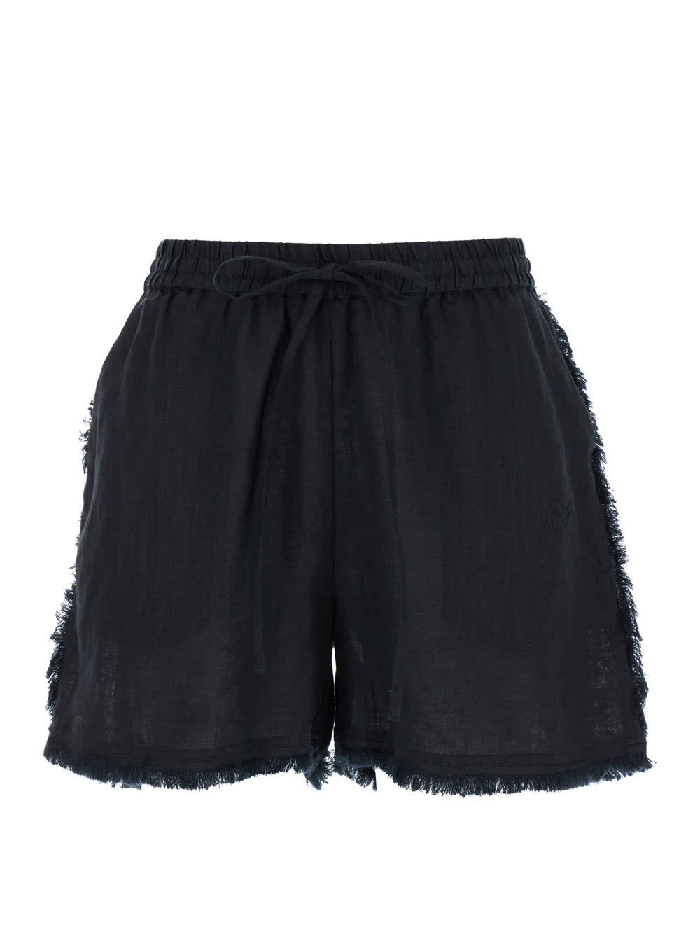 Parosh Black Shorts With Drawstring And Fringed Hem In Linen Woman