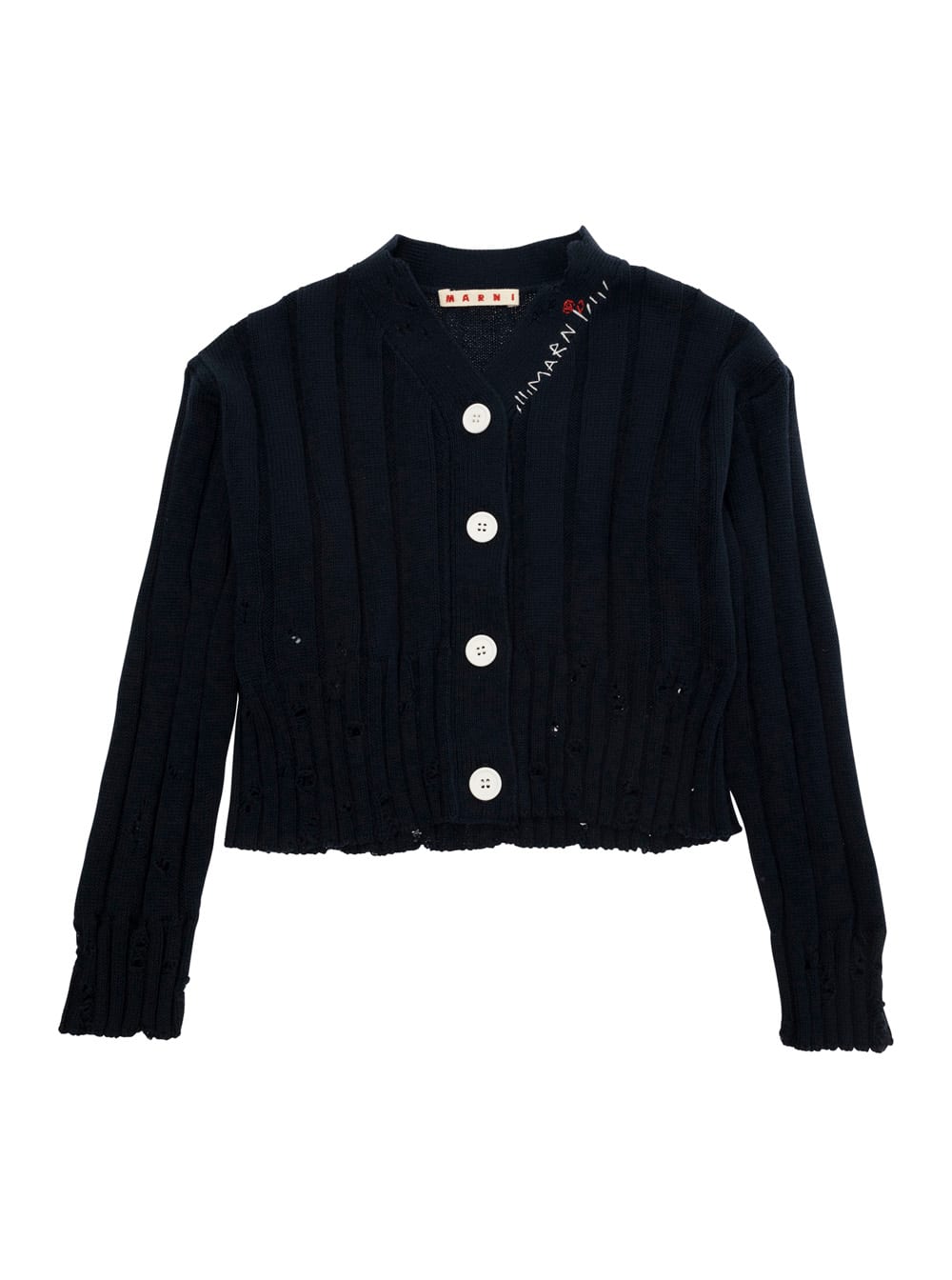 Marni Blue Cardigan With Distressed Effect And Embroidered Logo On The Front In Cotton Girls