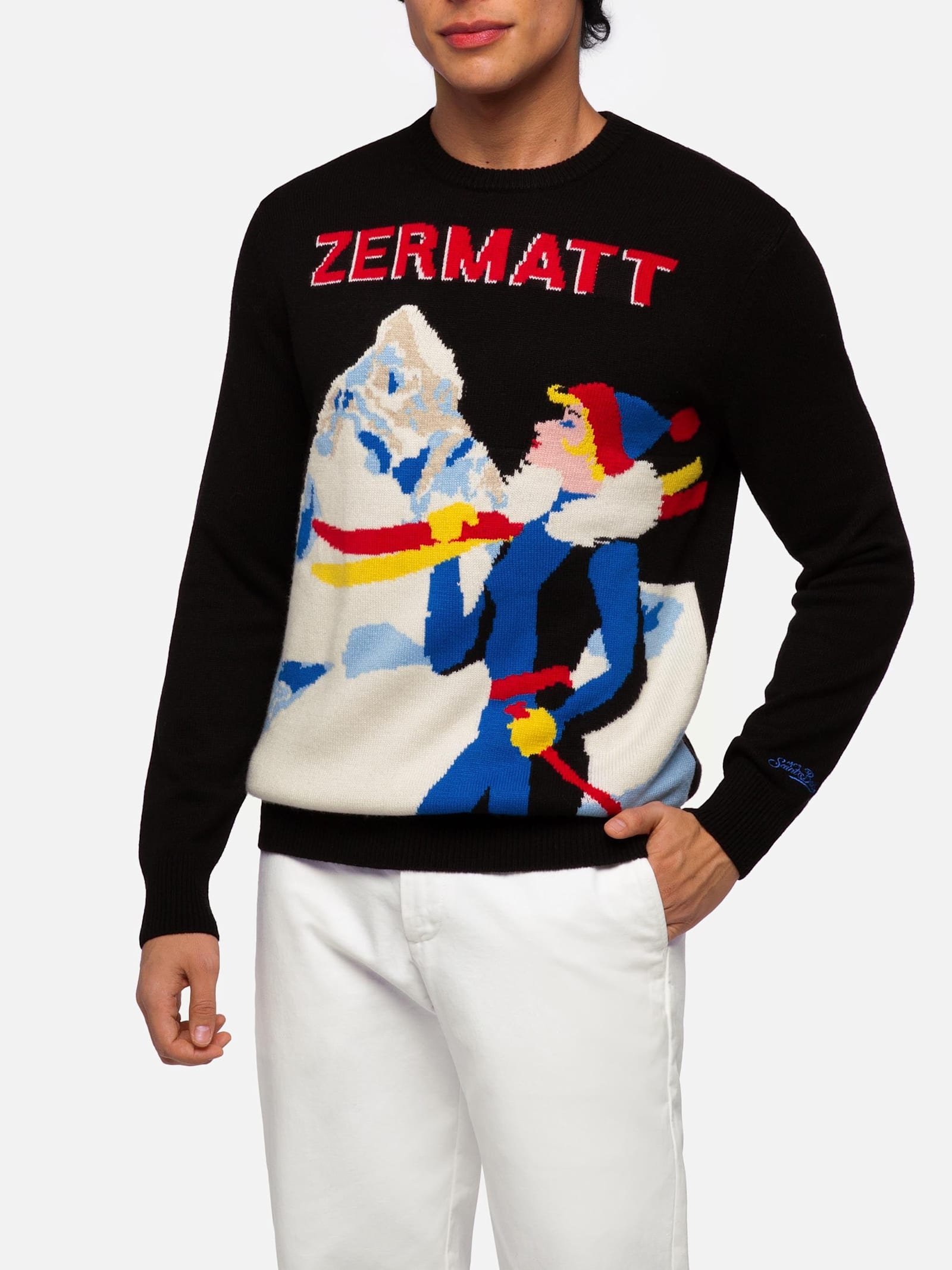 MC2 Saint Barth Crewneck Sweater Heron With Zermatt Postcard Jacquard