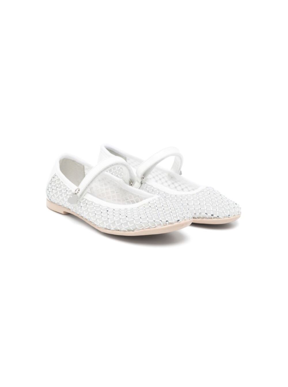 Monnalisa White Ballet Shoes With Logo Charm On Theside And Crystal Embellishments In Tech Fabric Girl