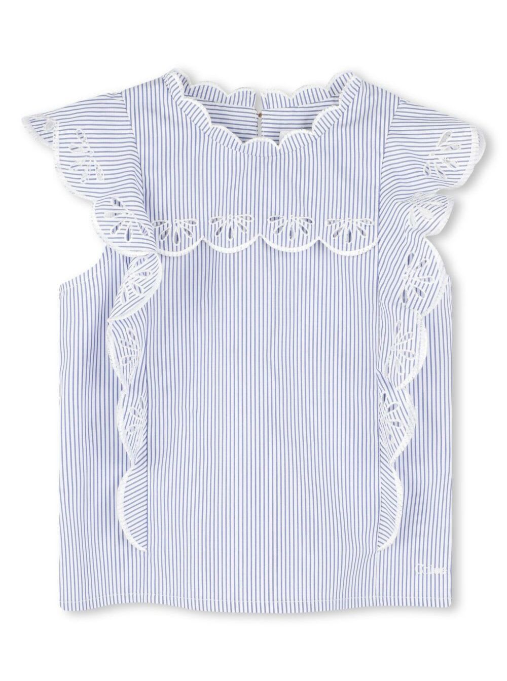 Chloé Light Blue Shirt With All-over Striped Design And Embroidered Details In Cotton Girl