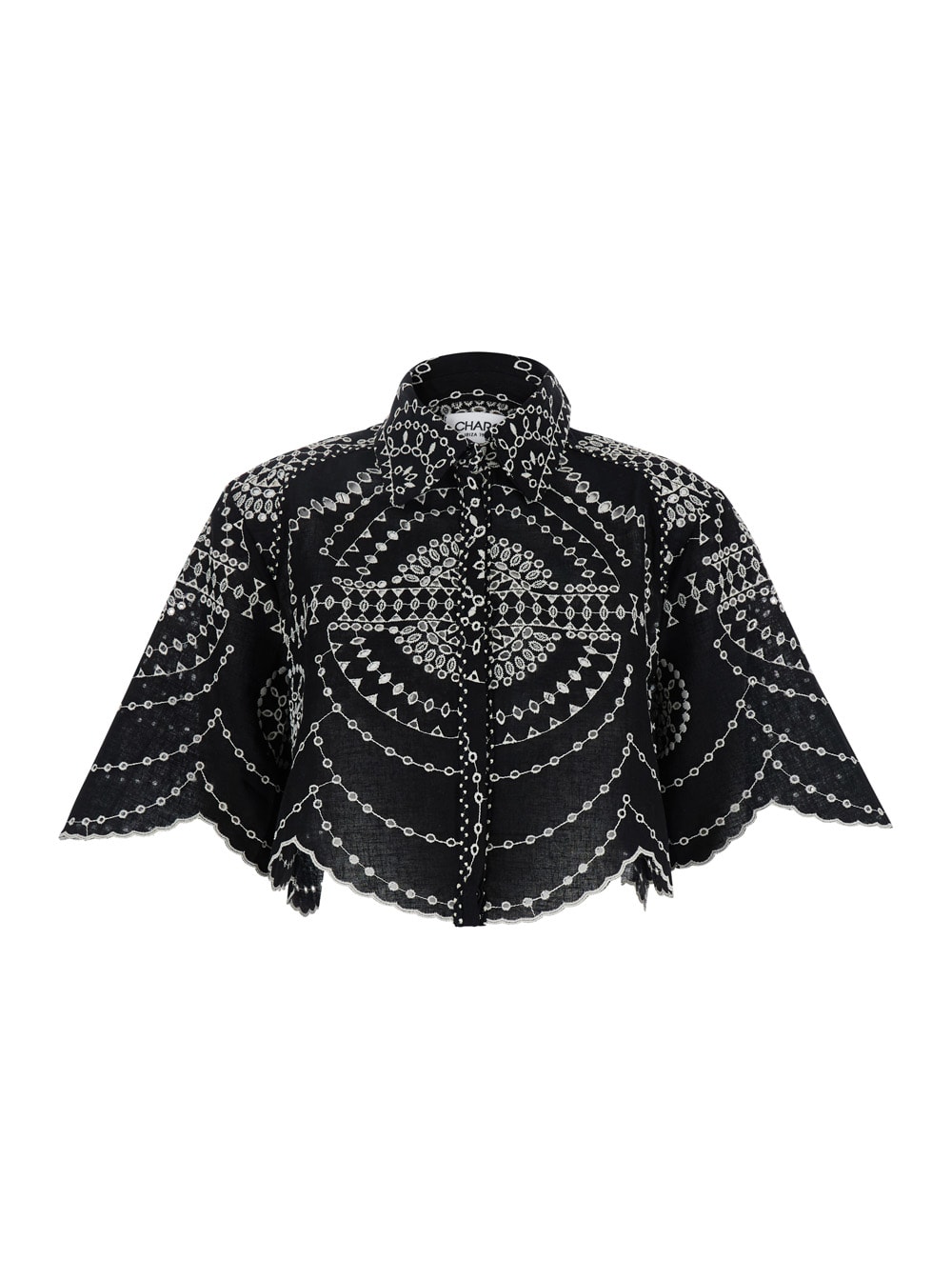 Charo Ruiz emmie Black Blouse With Cropped Design And All-over Contrasting Embroidered Details In Cotton And Linen Blend Woman