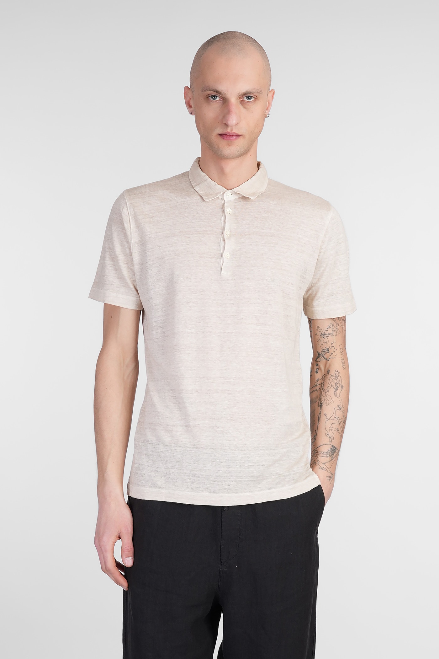 120% Lino Polo In Beige Linen