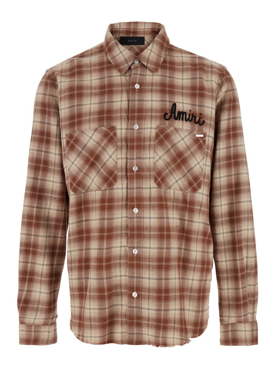 'Shotgun' Beige Shirt With Logo Print On Front And Rear And All-Over Check Motif In Cotton Man