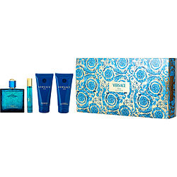 Versace Eros by Gianni Versace EAU DE PARFUM SPRAY 3.4 OZ & AFTERSHAVE BALM 2.5 OZ & SHOWER GEL 2.5 OZ EAU DE PARFUM SPRAY 0.34 OZ MINI for MEN