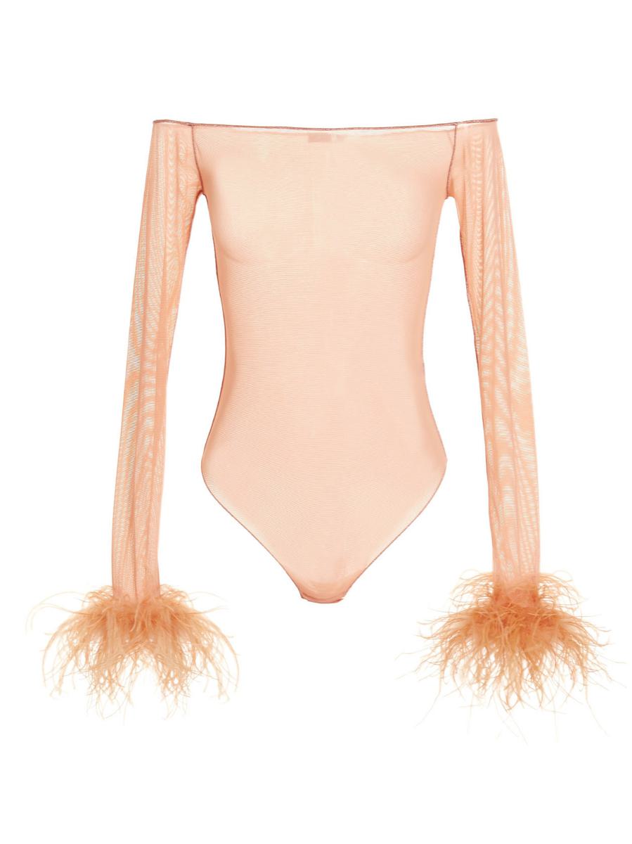 Oséree Feather Transparent Mesh Bodysuit