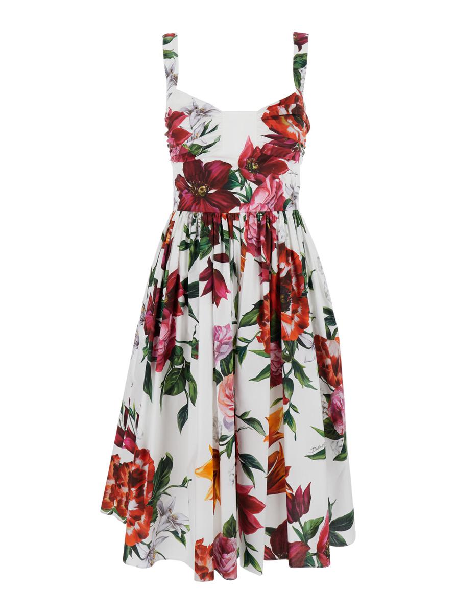 Multicolor Midi Dress With Wide Neckline And All-Over Floral Print In Cotton Woman