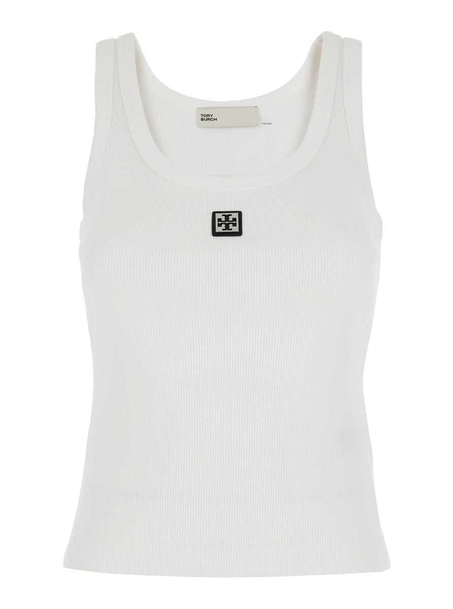 White Sleeveless Top With Round Neck And Logo Embroidery On The Front In Cotton Woman