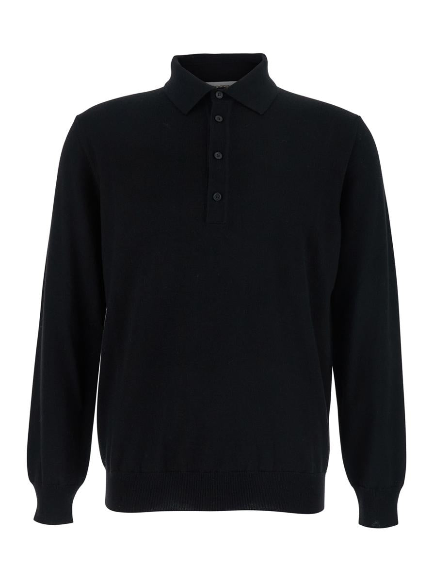 Black Polo Shirt With Classic Collar And Ribbed Trims In Wool Man