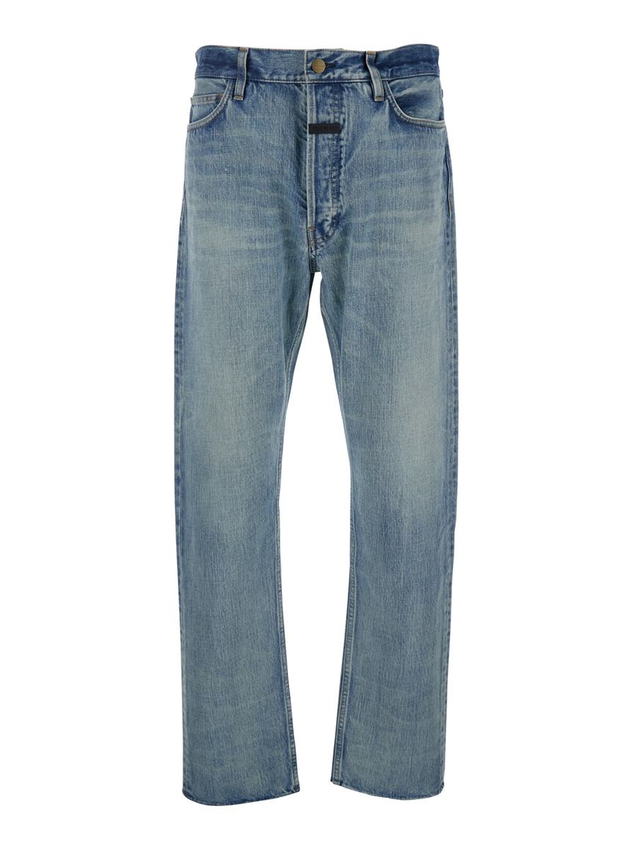 Blue Five-Pocket Jeans With Front Logo Patch In Denim Man