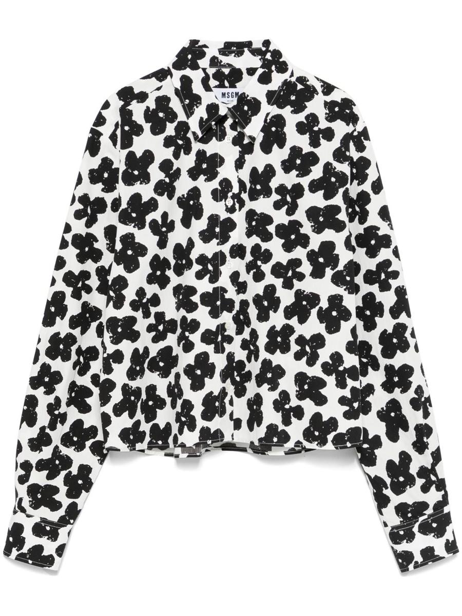 Msgm White Cotton Shirt With Black Floral Print