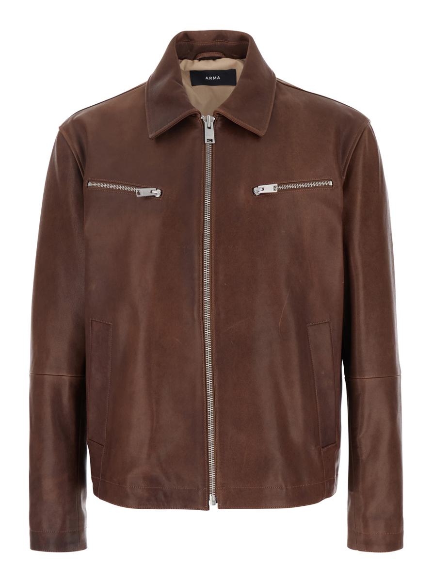 'Maze' Brown Jacket With Classic Collar And Zipped Cuffs In Leather Man