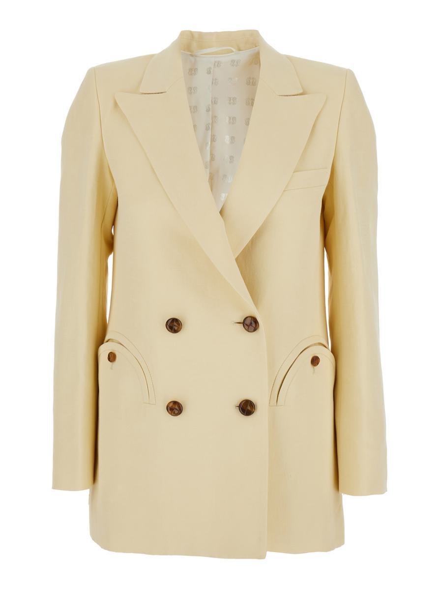 'Savannah' Beige Double-Breasted Jacket With Peak Revers In Linen And Silk Blend Woman