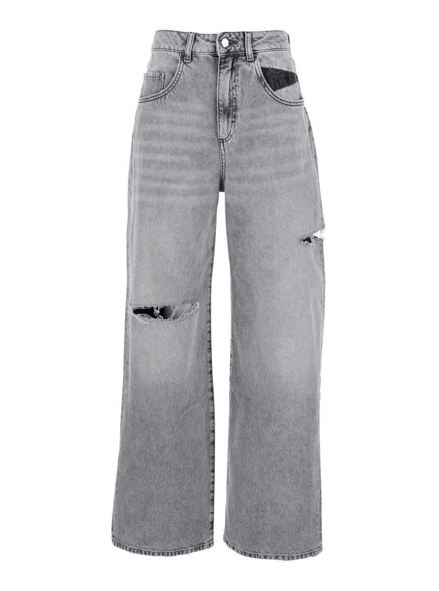 Grey High Waisted Jeans With Ripped Details In Denim Woman