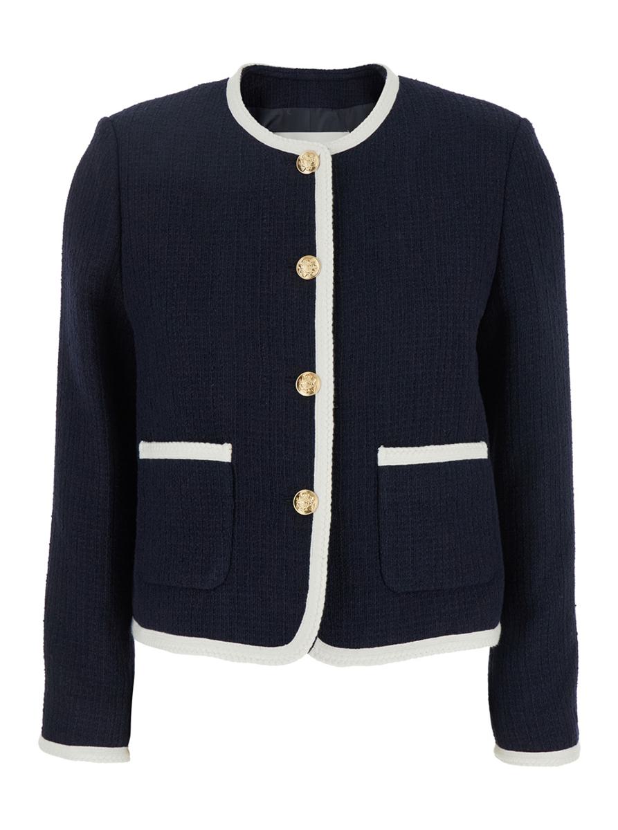 Blue Jacket With Round Neck And Front Jewel Button Cllosure In Cotton Blend Woman