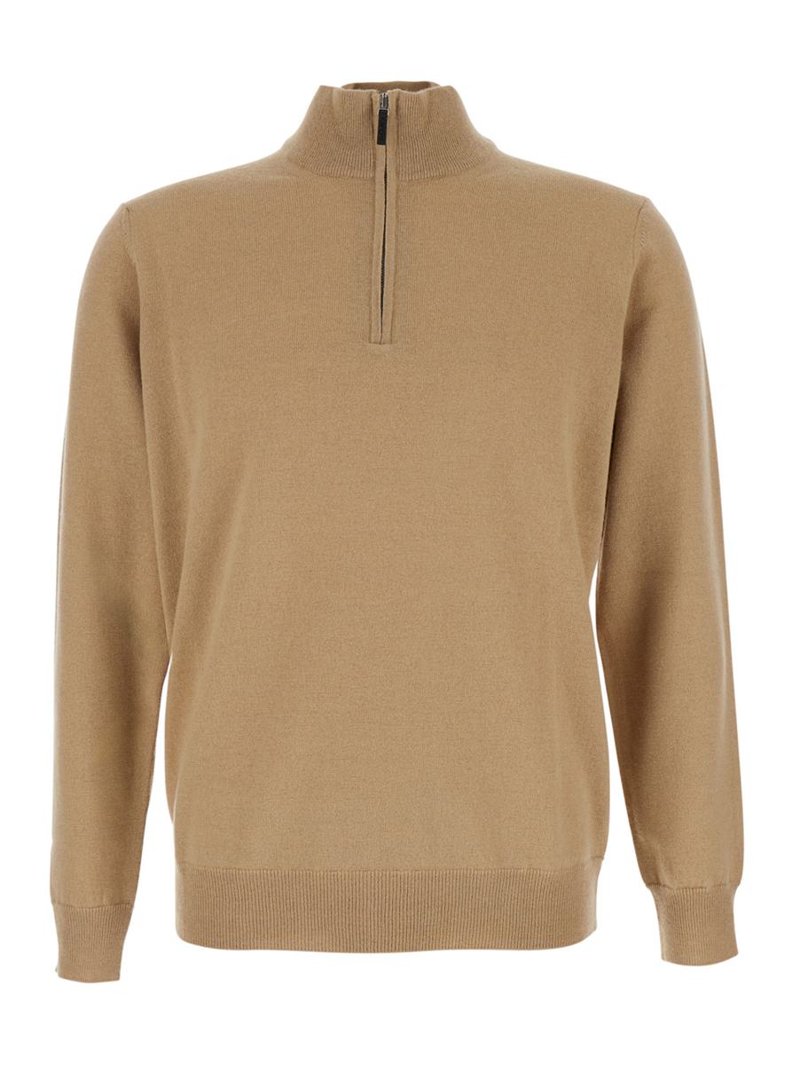 Beige Sweater With High Neck And Half Zip Closure On The Front In Wool Woman
