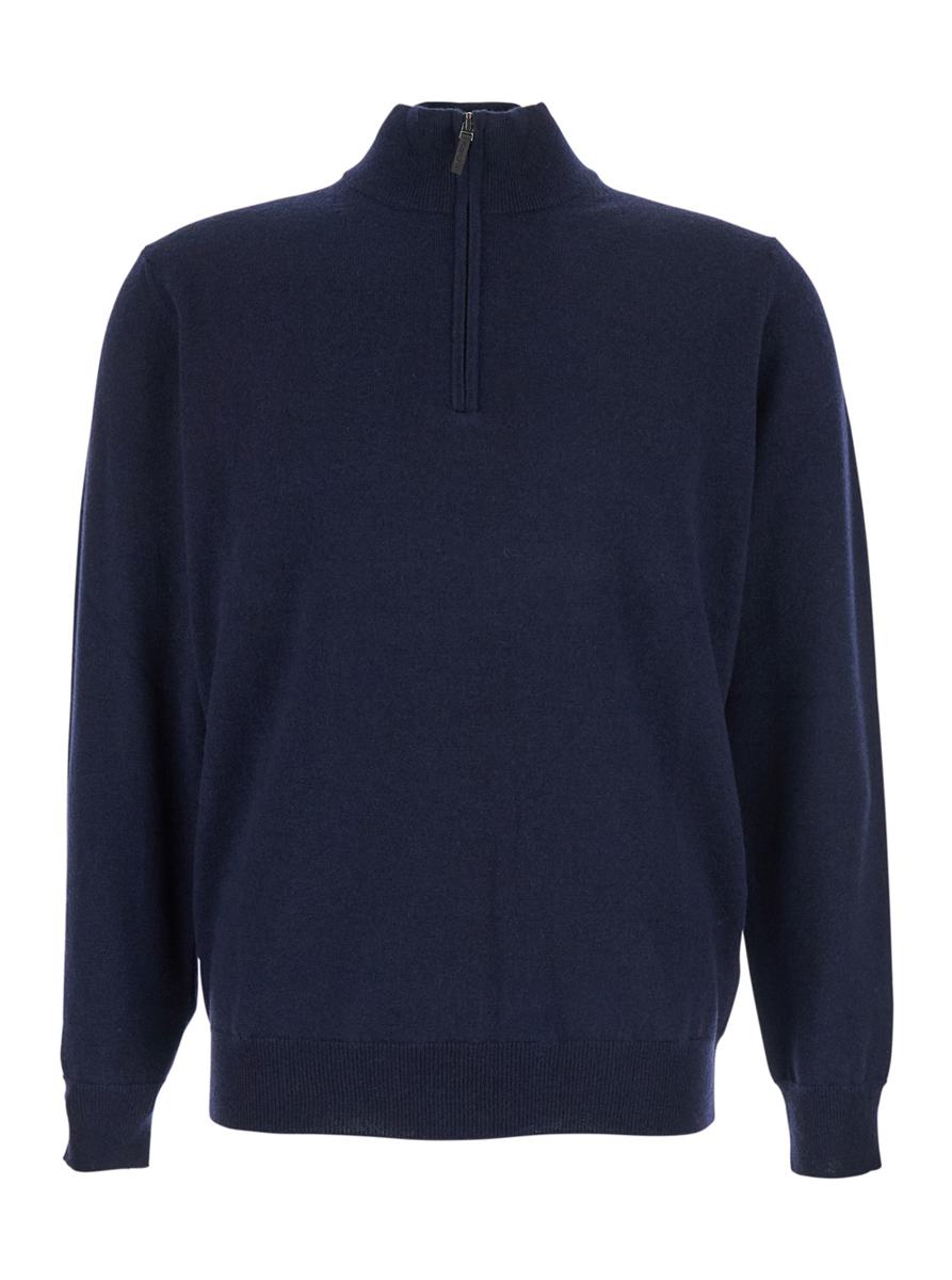 Blue Sweater With High Neck And Half Zip Closure On The Front In Wool Woman