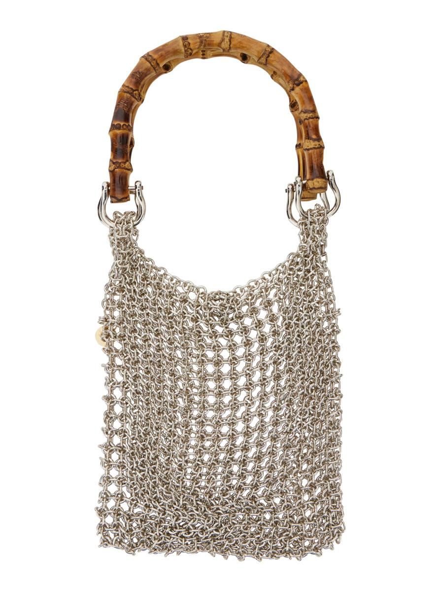 'Bamboo' Silver Colored Handbag With Metallic Mesh And Bamboo Handle In Aluminum Woman