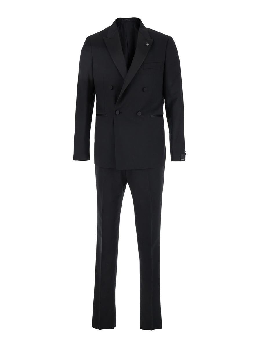 Black Double-Breasted Tuxedo Suit With Covered Buttons In Virgin Wool Man