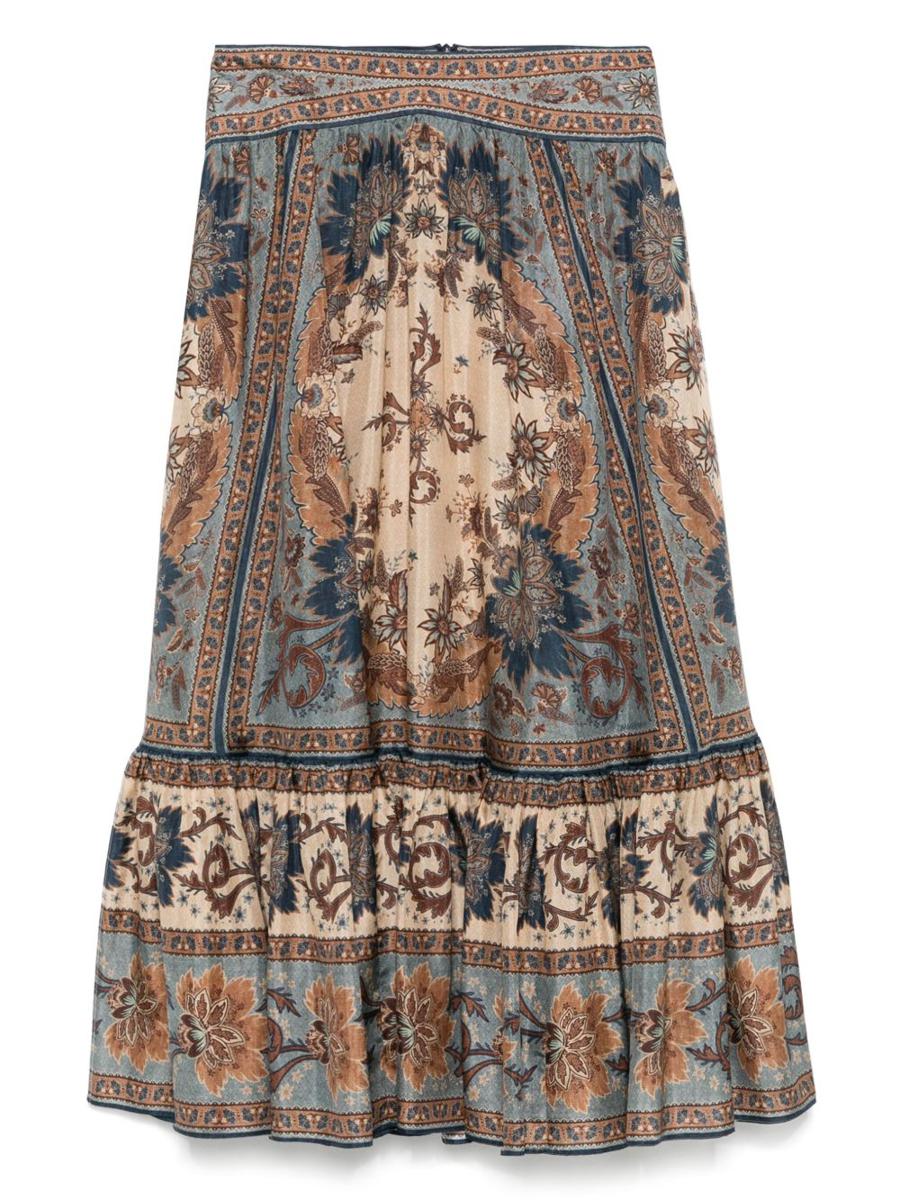 Zimmermann 'Ascension' Blue And Cream Silk Ruffle Midi Skirt