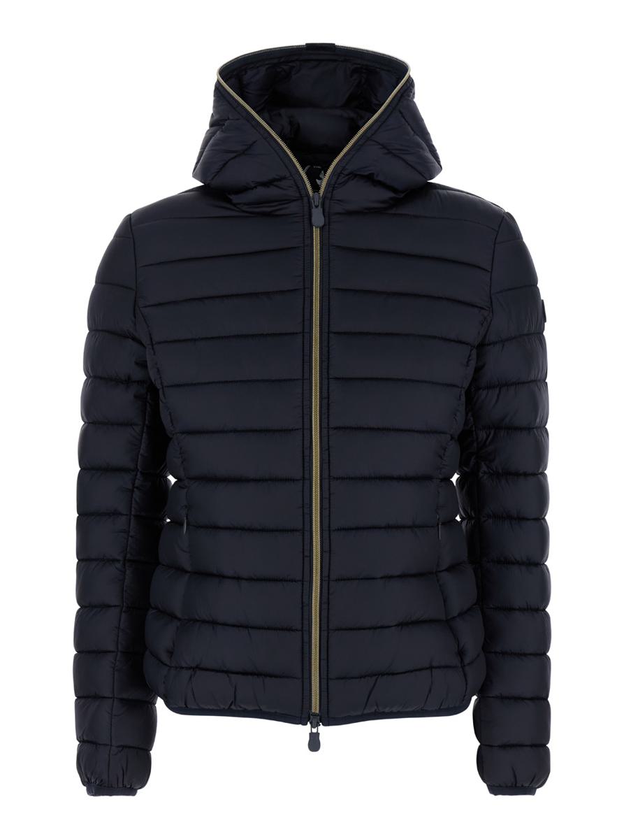 'Alexis' Blue Hooded Down Jacket With Tonal Logo Print In Shiny Nylon Woman