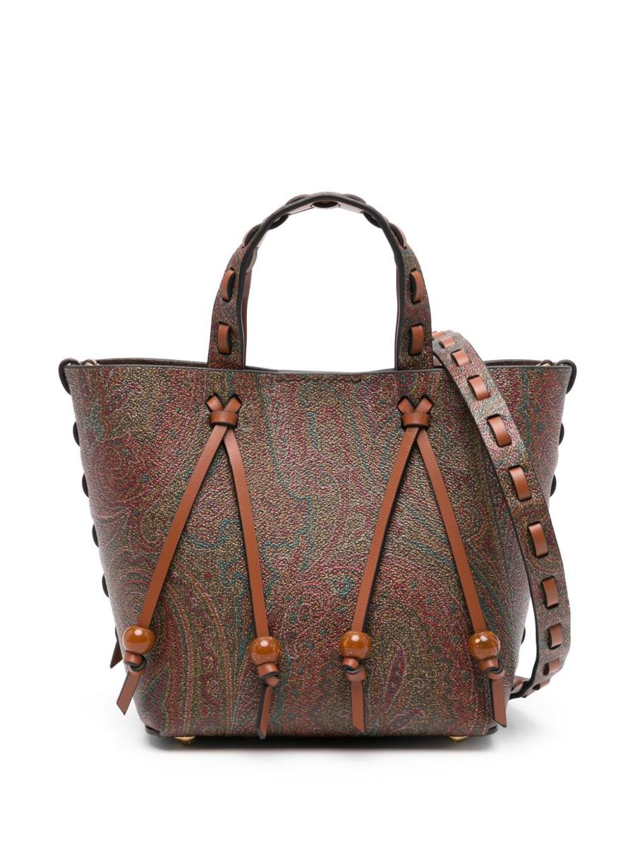 Etro Brown Calf Leather Paisley-Print Tote Bag