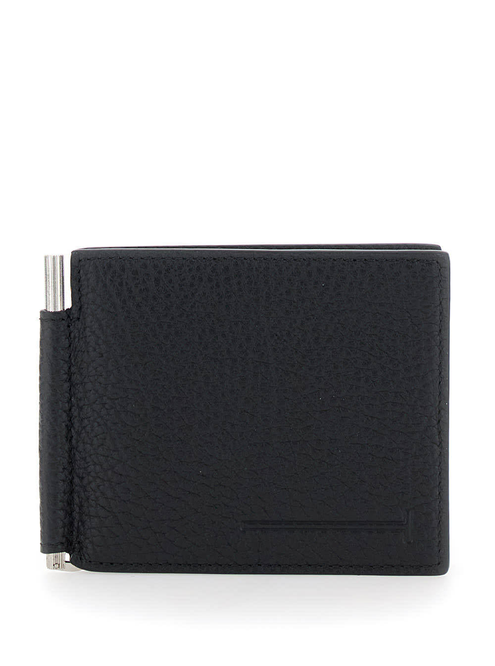 Tom Ford Black Bi-fold Wallet With T Detail On The Front And Embossed Logo On The Rear In Grained Leather Man