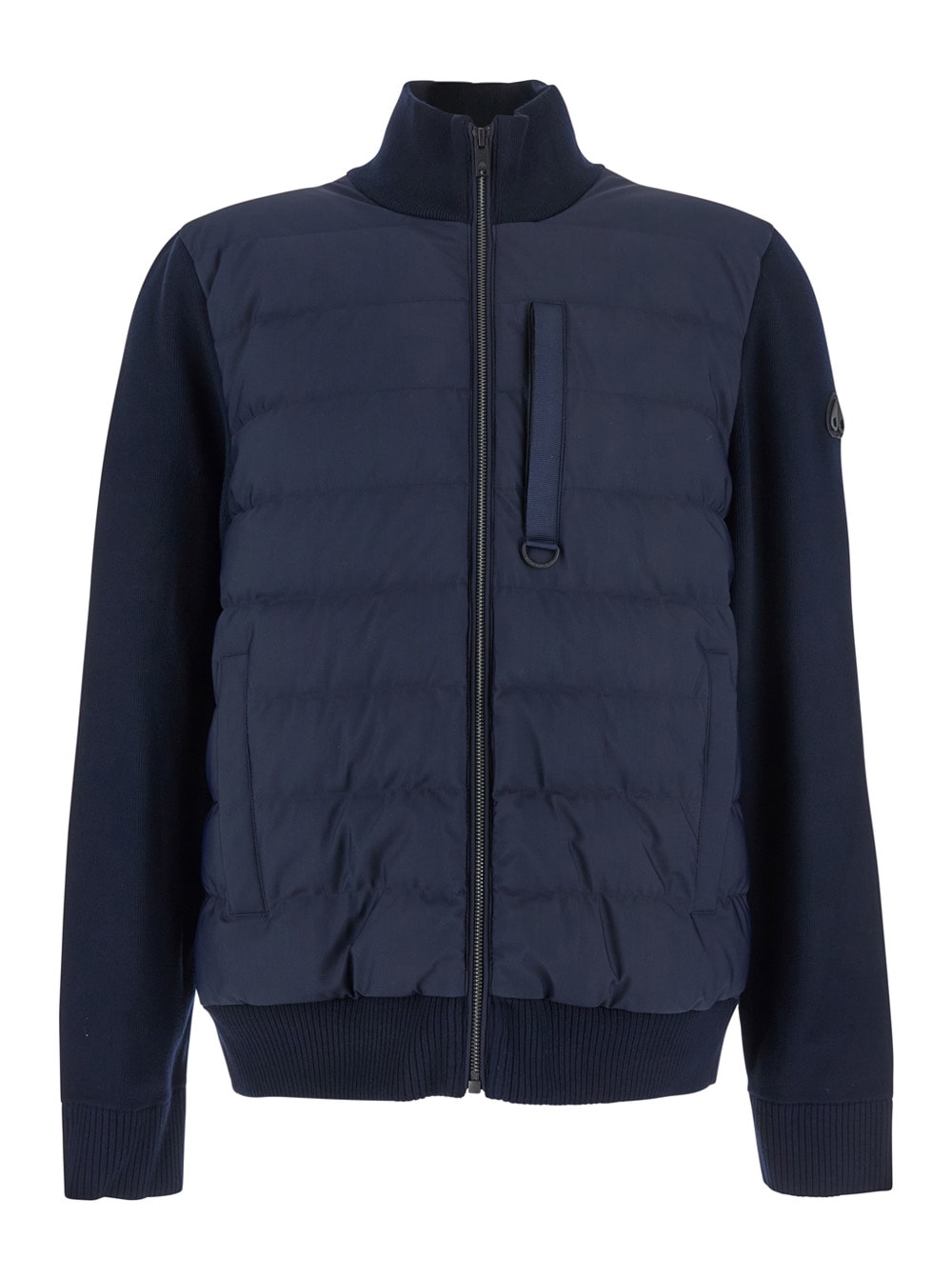 Moose Knuckles Blue Cardigan With Knitted Inserts And Logo Patch On Sleeve In Wool And Tech Fabric Blend Man