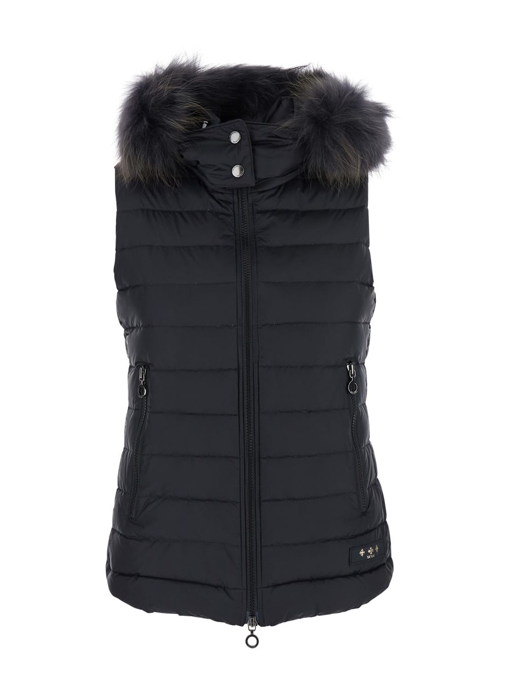 TATRAS Black Sleeveless Vest With Fur Hood In Tech Fabric Woman