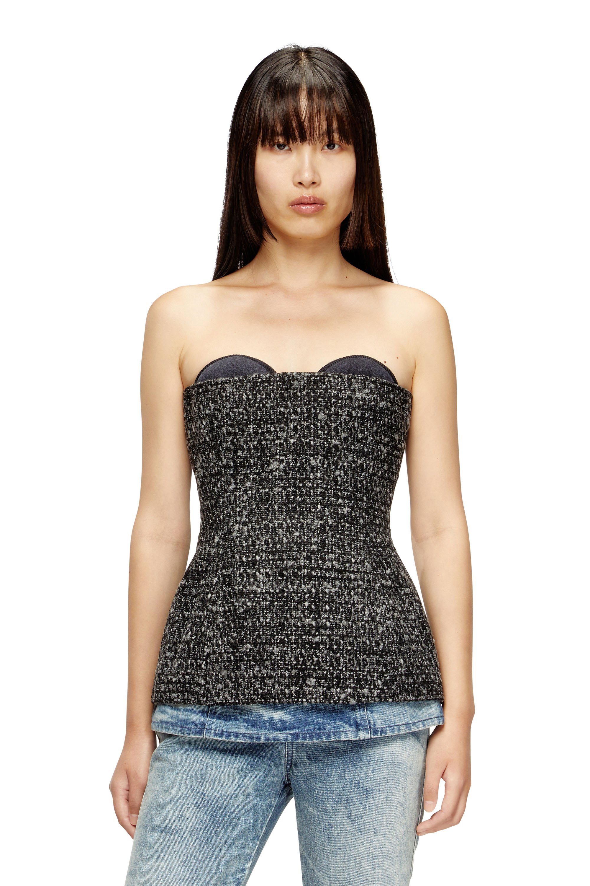 Diesel - Bouclé corset top with ultra-low cut - Tops - Woman - Black