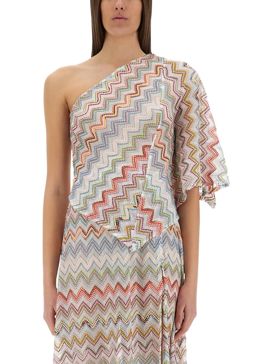 Missoni One-shoulder Top With 3d Lamé Zig Zags