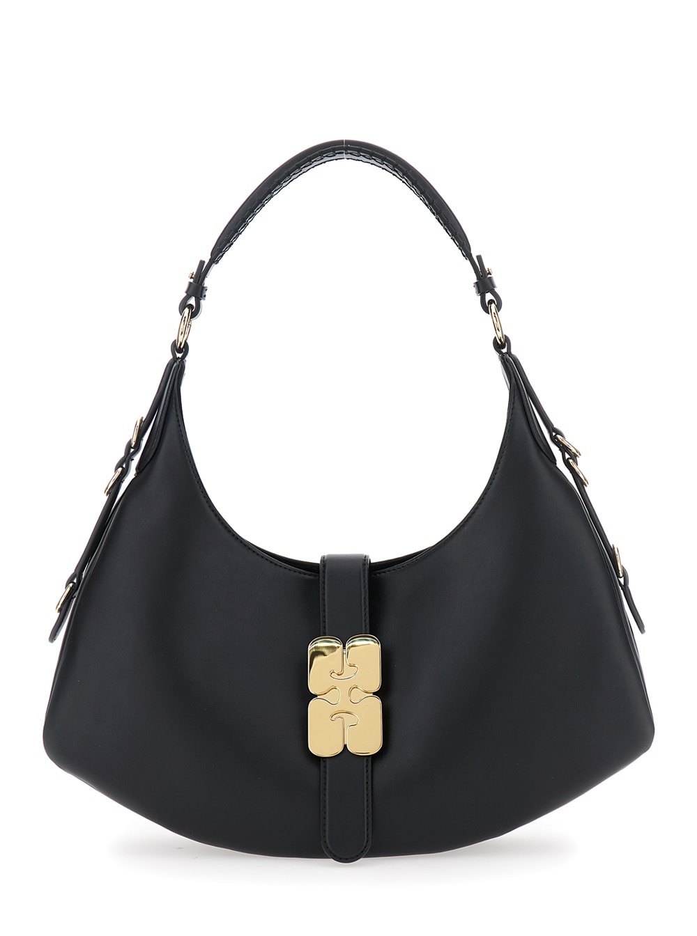Ganni kat Small Black Shoulder Bag With Adjustable Handle And Logo Plaque On The Front In Leather Woman