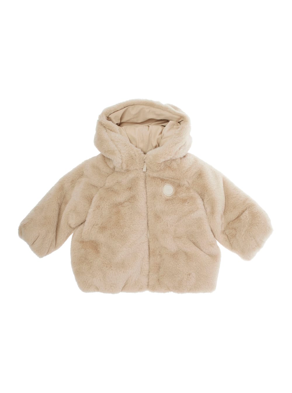 Emporio Armani Beige Hooded Jacket With Front Logo In Faux Fur Baby